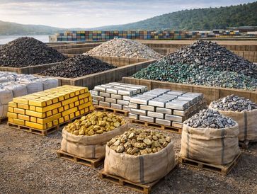 Various minerals and ores organized in piles and bags at an outdoor storage facility.