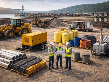 Three construction workers reviewing plans at a busy construction site with equipment and materials.