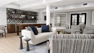 Private rentable club room at Windsor Leesburg with fob-controlled entry by Design by DuBois