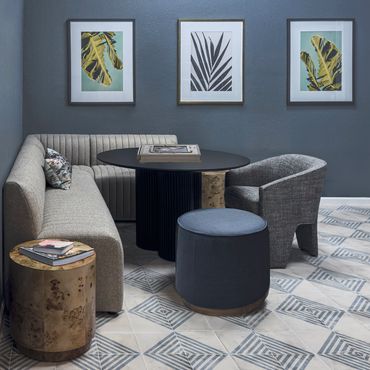 Multifamily amenity space with navy accents