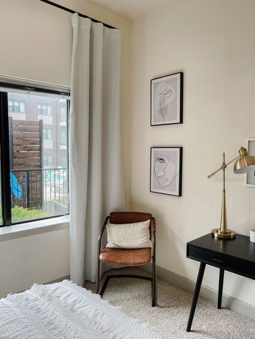 Multifamily interior design model apartment bedroom by interior designer Design by DuBois