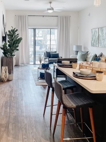 Multifamily interior design model apartment living room by interior designer Design by DuBois