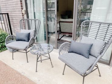 Multifamily interior design model apartment patio design by interior designer Design by DuBois