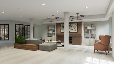 Clubhouse lounge with custom sectional, fireplace, & art in Washington DC metro multifamily property