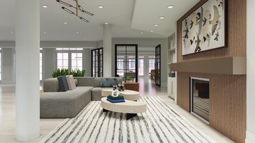 Clubhouse lounge with custom sectional, fireplace, & art in Washington DC metro multifamily property