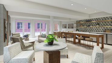 Clubroom kitchenette with geometric tile backsplash, bar seating, and open shelves – Leesburg VA