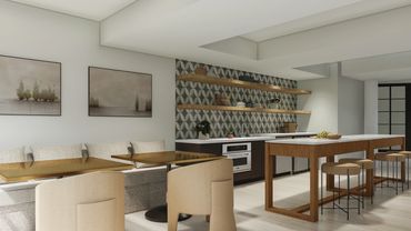 Clubhouse lounge with custom sectional, fireplace, & art in Washington DC metro multifamily property