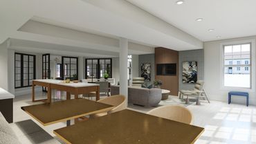 Clubroom kitchenette with geometric tile backsplash, bar seating, and open shelves – Leesburg VA
