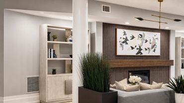 Multifamily renovation interior design project in Leesburg Virginia of Lobby with custom fireplace