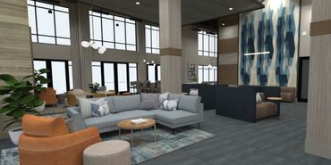 Rendering of multifamily clubroom renovation with modern co-working seating and lounge spaces.