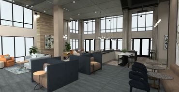 Rendering of multifamily clubroom renovation with modern co-working seating and lounge spaces.