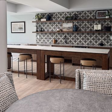 Interior Design of multifamily clubroom in Washington DC with green tile.