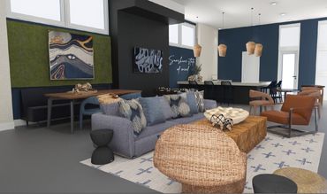 Rendering for Rooftop lounge with deep blues and wood tones, designed by Design by DuBois in Atlanta