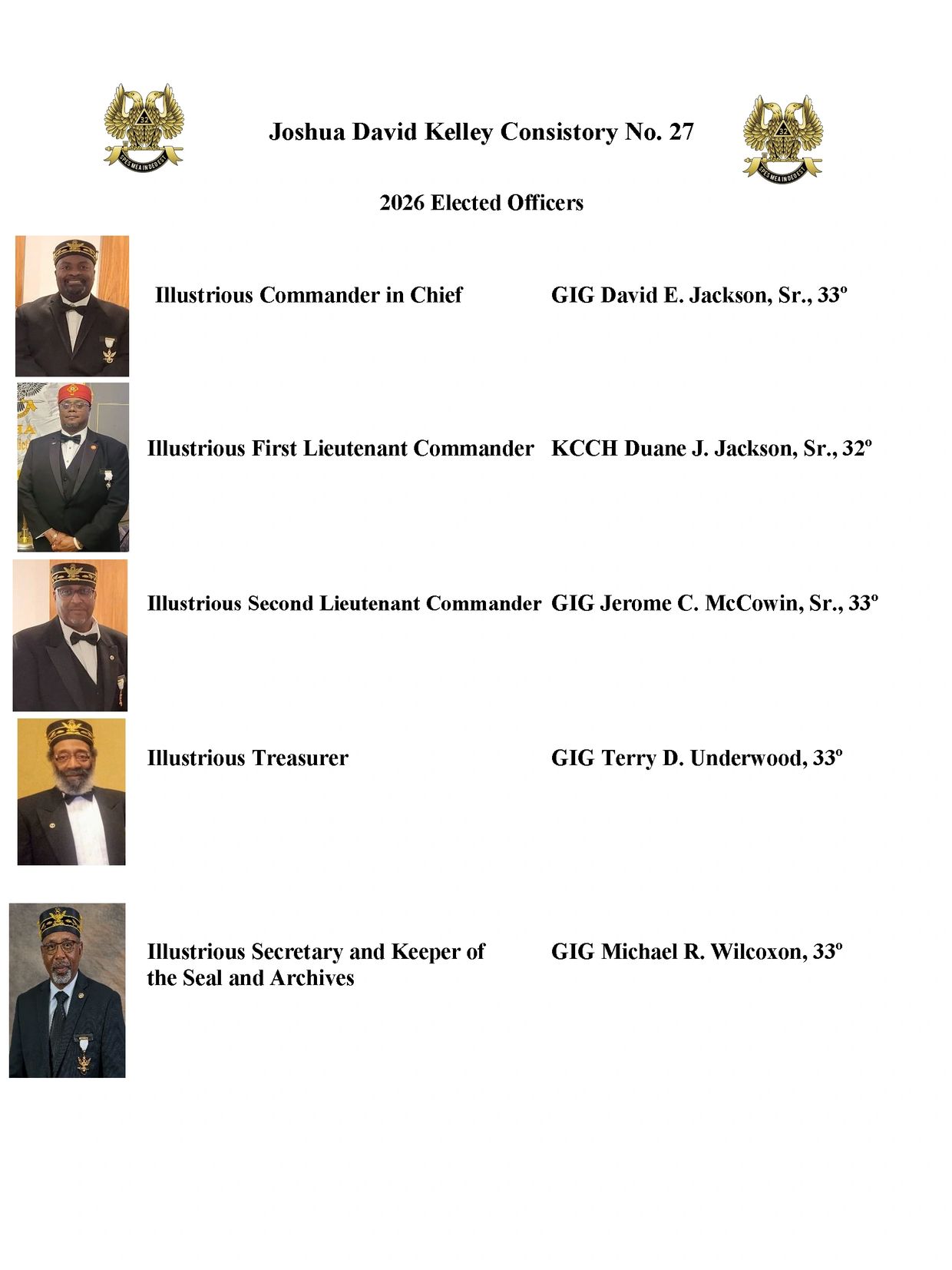 Portraits of elected officers for Joshua David Kelley Consistory No. 27 in 2026.
