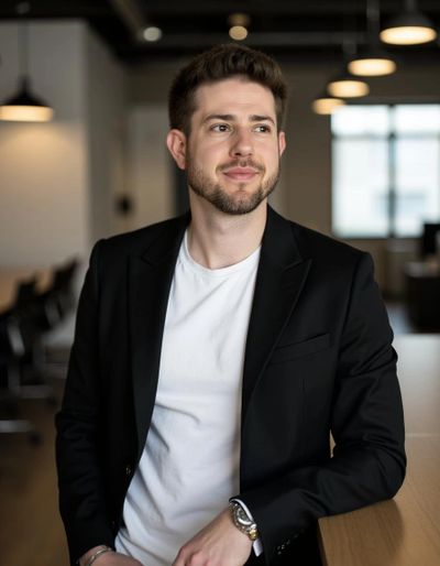 Young man in a black blazer and white shirt looking thoughtfully to the side.