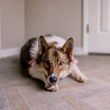 Dog lying on the floor looking up.