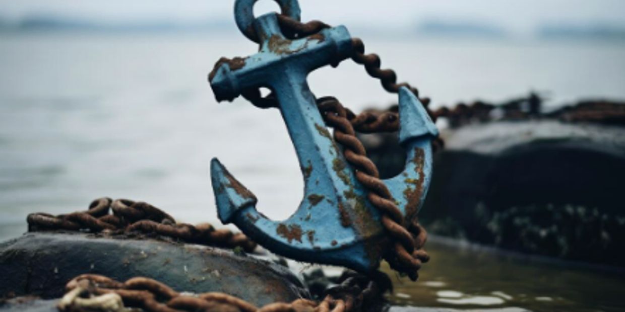 Rusty blue anchor with chain resting on rocks by the water.