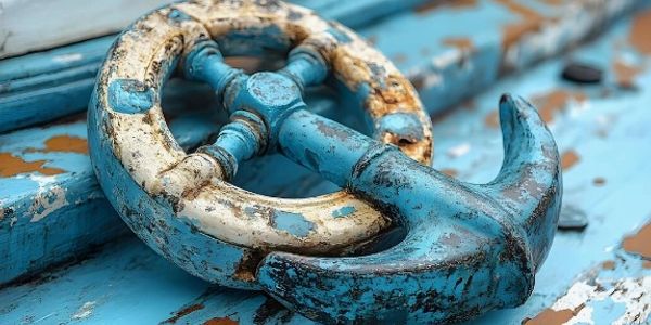 Close-up of a weathered blue anchor and ship wheel on a wooden surface.
