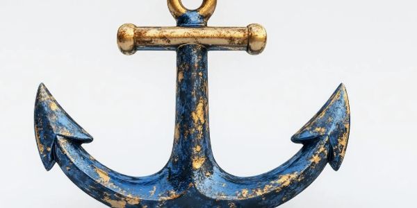 A rustic blue and gold anchor with a weathered finish.