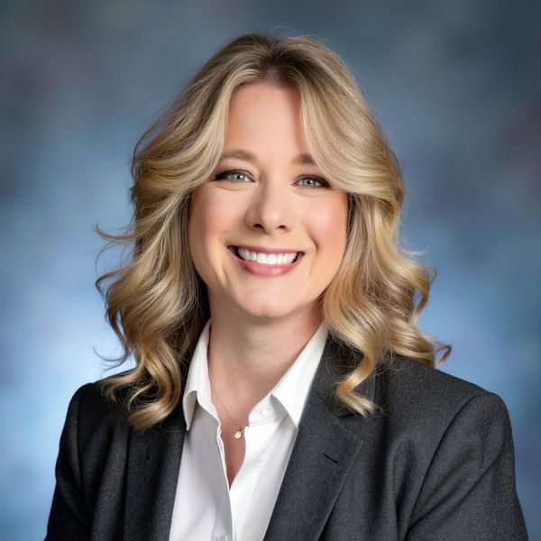 Professional woman with blonde hair smiling in business attire.