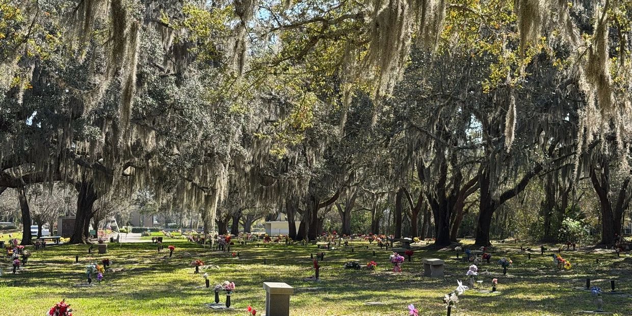Peaceful memorial grounds beneath mature live oak trees at Beaches Memorial Park