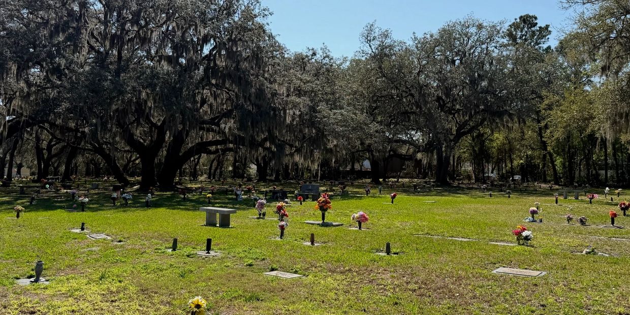 Spacious memorial grounds beneath mature live oak trees at Beaches Memorial Park