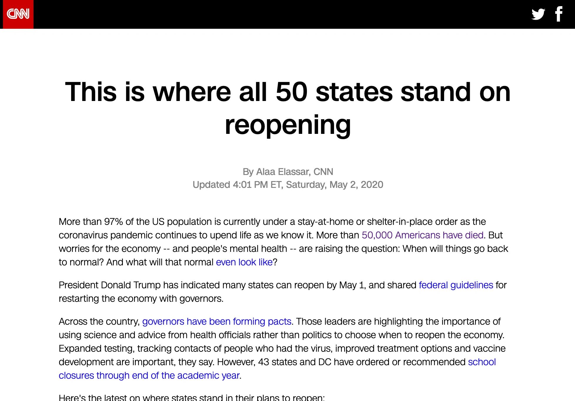 cnn news report of 50 states opening up