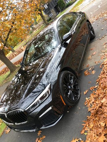 black bmw parked in leaves that was just cleaned