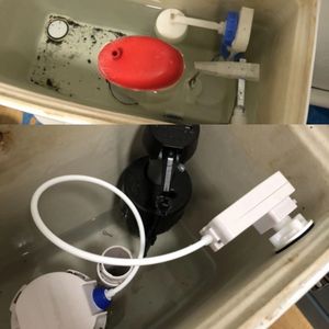 Image of the cistern at the top with faulty flush valve. The image below after its been changed