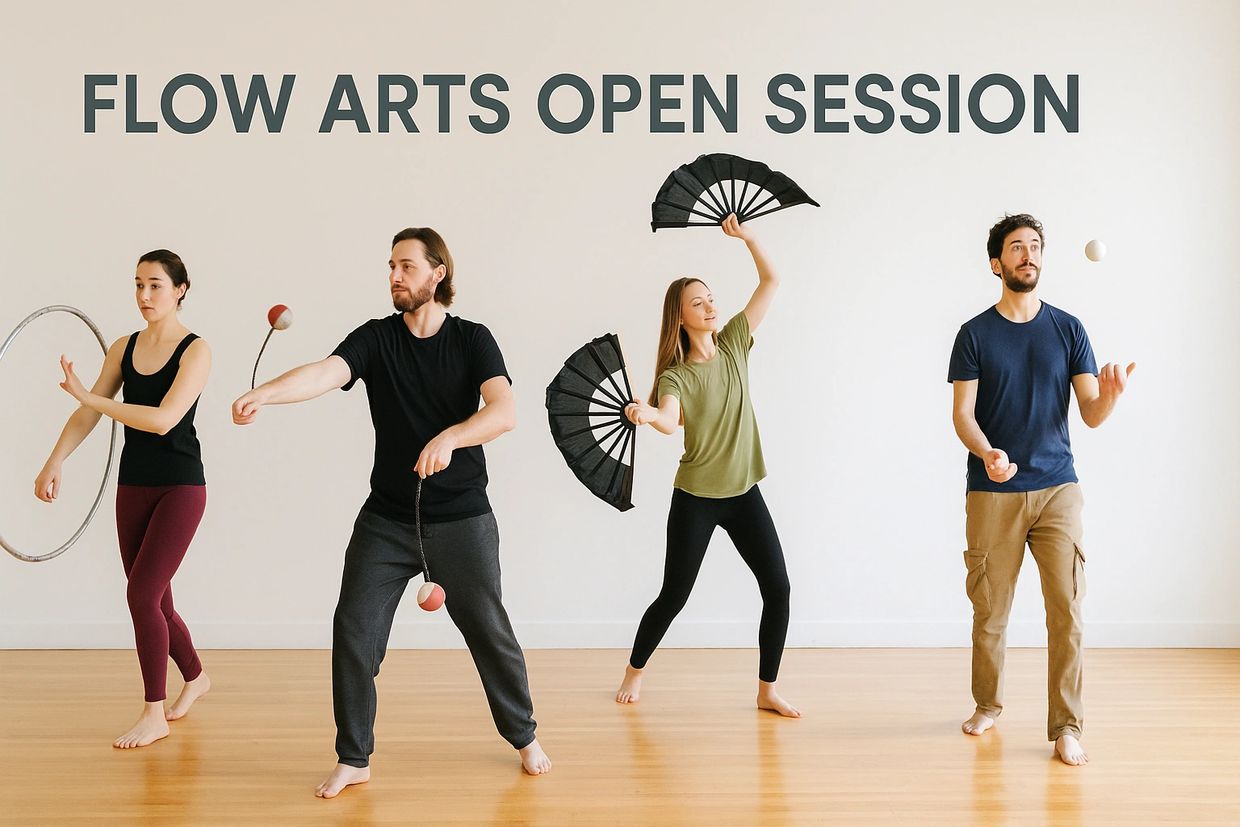 Four people practicing flow arts with hula hoop, poi, fans, and juggling balls.