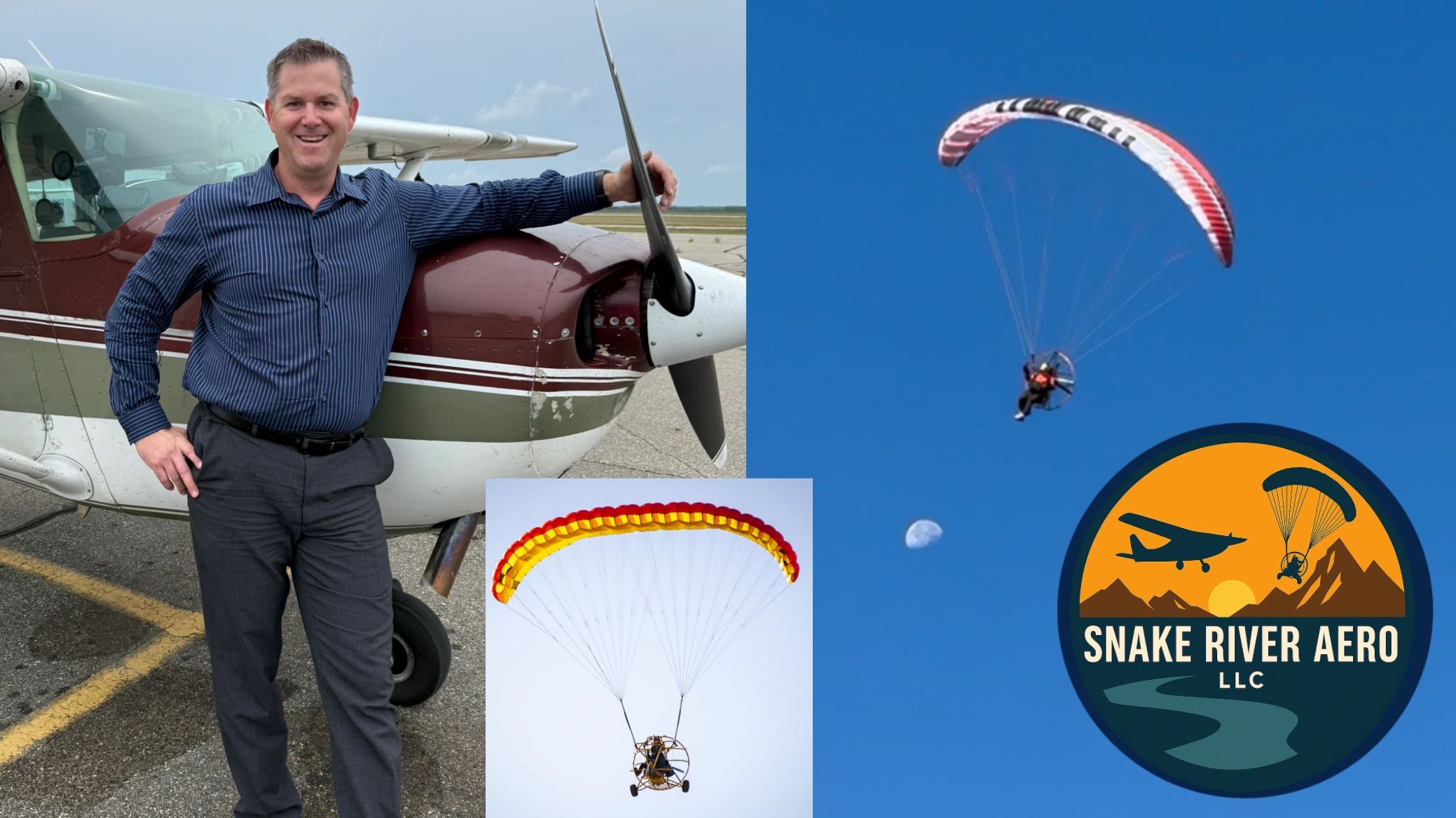 Man standing by a small airplane and powered paragliding images with Snake River Aero logo.