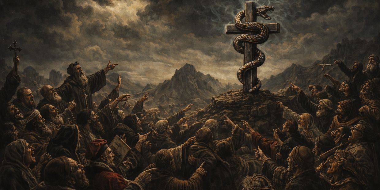 A crowd points towards a cross entwined by a snake on a rocky hill under a dramatic sky.