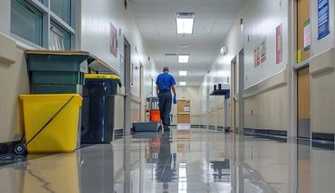 A janitor walking down a clean hospital corridor with cleaning supplies.