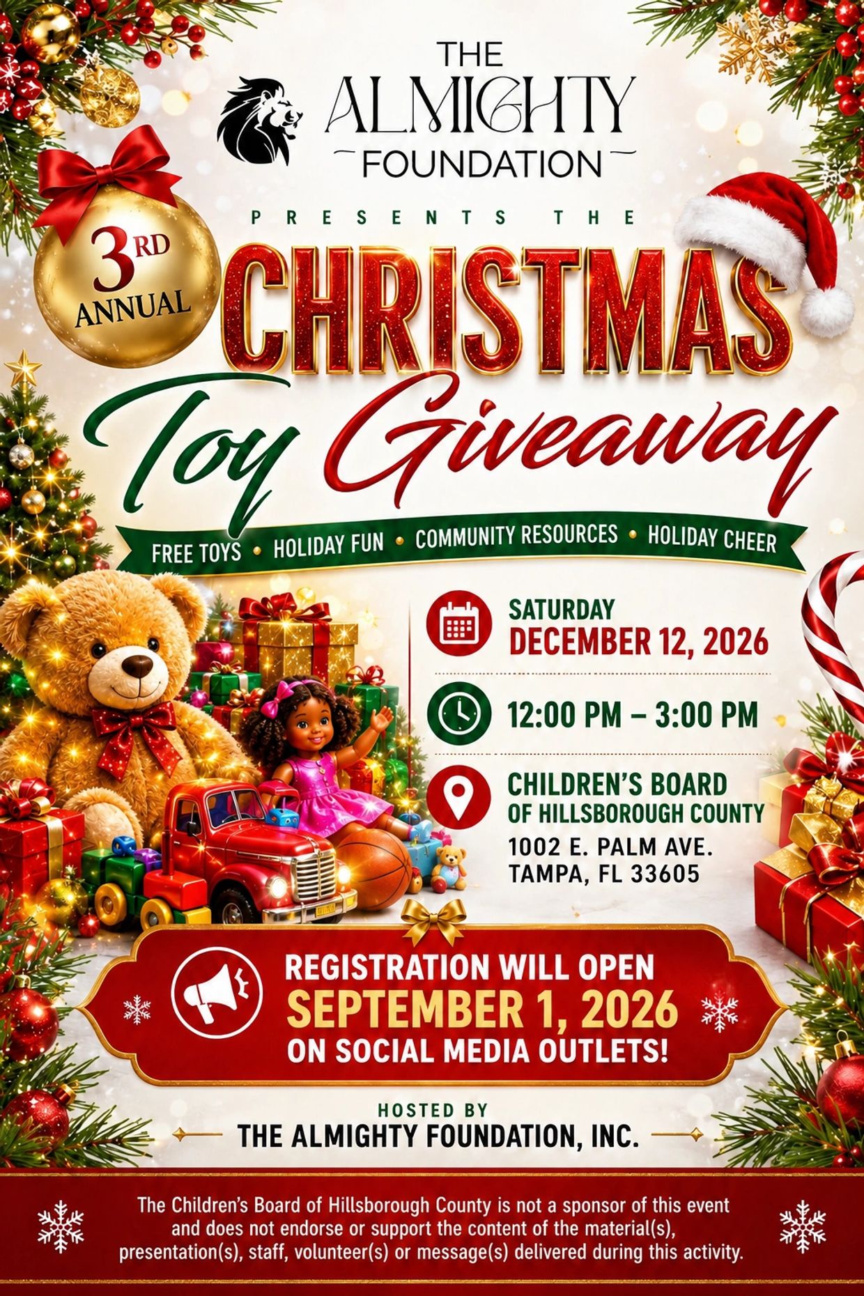 The Almighty Foundation's 3rd Annual Christmas Toy Giveaway event poster with holiday decorations and toys.