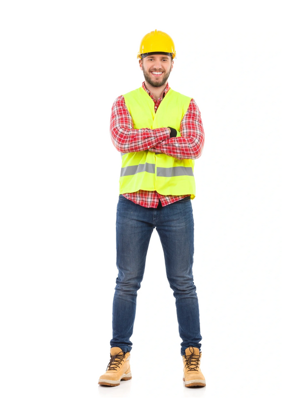Smiling construction worker in a hard hat and high-vis vest, ready to tackle the next project.