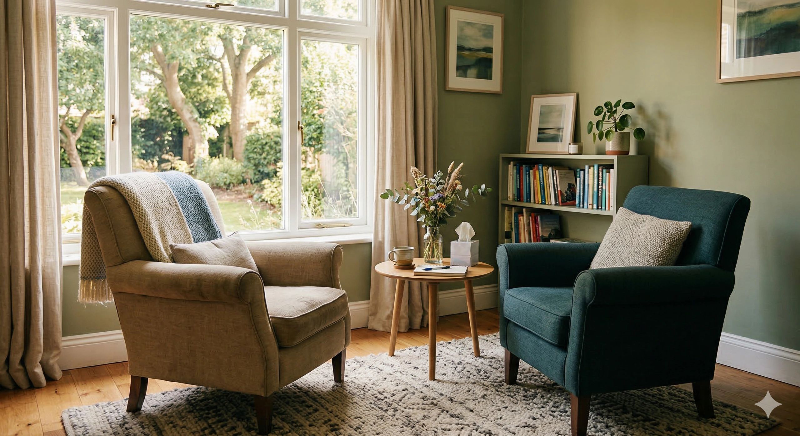 Cozy living room with two armchairs, a round wooden table, and a large window overlooking a garden.