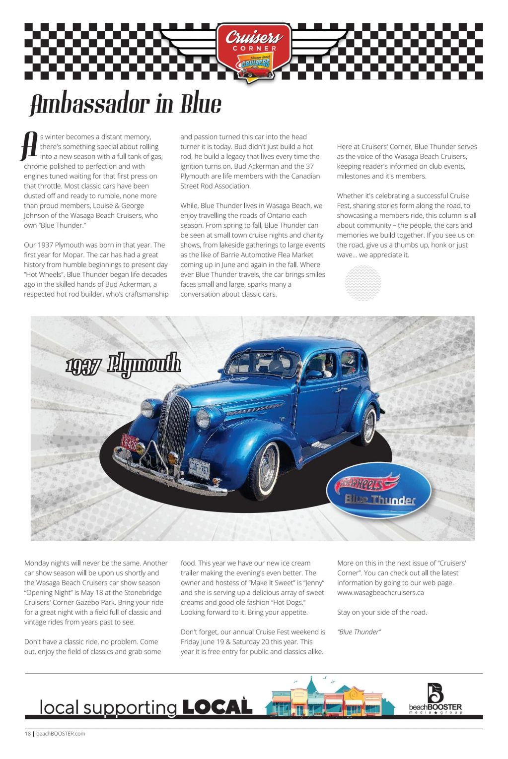 A vivid blue 1937 Plymouth classic car named Blue Thunder with a Hot Wheels emblem.