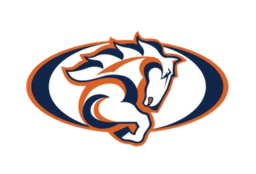 Stylized horse head logo in orange, navy, and white within an oval.