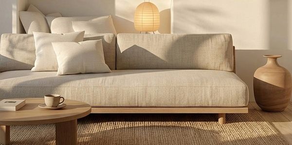 Cozy beige sofa with cushions in a softly lit living room.