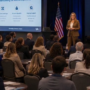 A woman presents at a conference with an American flag and VA slide in the background.