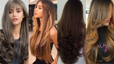 Four women showcasing different long layered hairstyles with curls and waves.