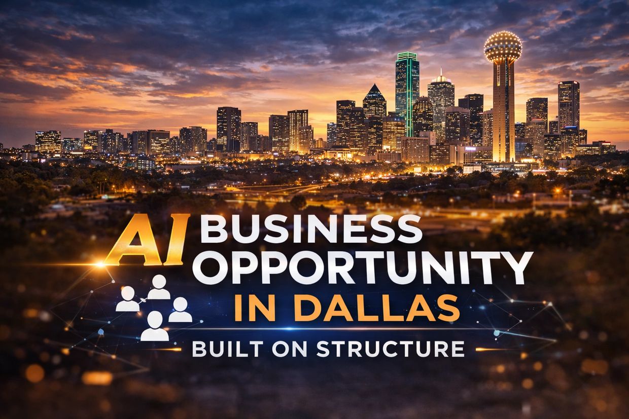 AI business opportunity in Dallas with a city skyline background at sunset.