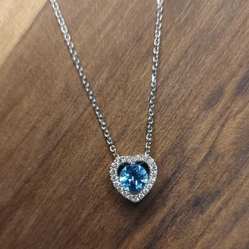 14K White Gold Blue Topaz & Diamond Heart Slide Pendant on White Gold Chain