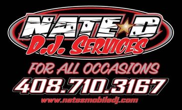 Logo for Nate D DJ Services with contact info.