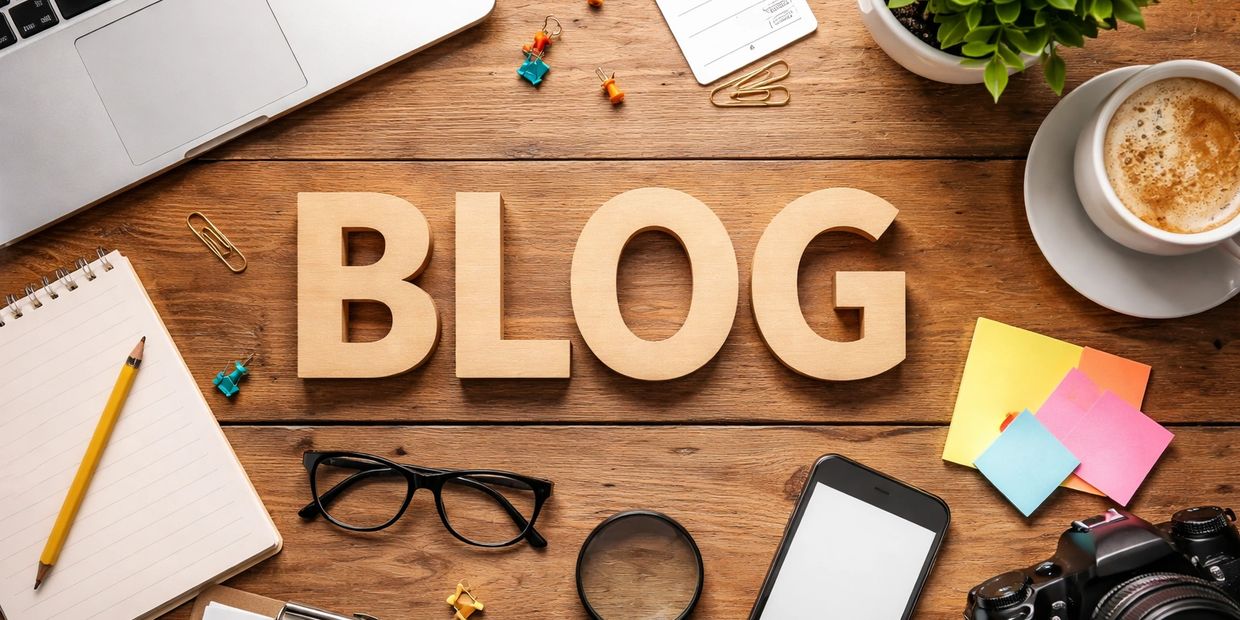 Workspace with wooden letters spelling BLOG surrounded by office supplies and coffee.