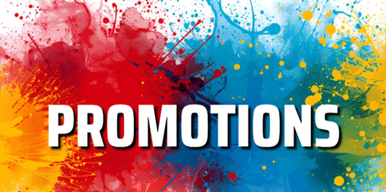 Colorful splash background with the word PROMOTIONS in bold white letters.