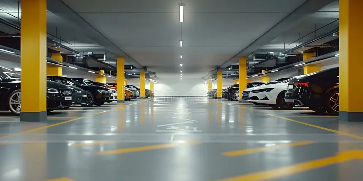 Modern underground parking garage with yellow columns and luxury cars.