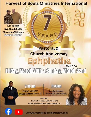 Poster for Harvest of Souls Ministries 7th Pastoral & Church Anniversary event.