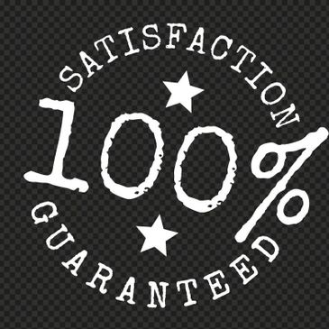 100% satisfaction guaranteed stamp with stars on dark background.