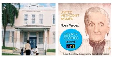 Entrance of Ann Salzer McNemar school and portrait of Rosa Valdez.